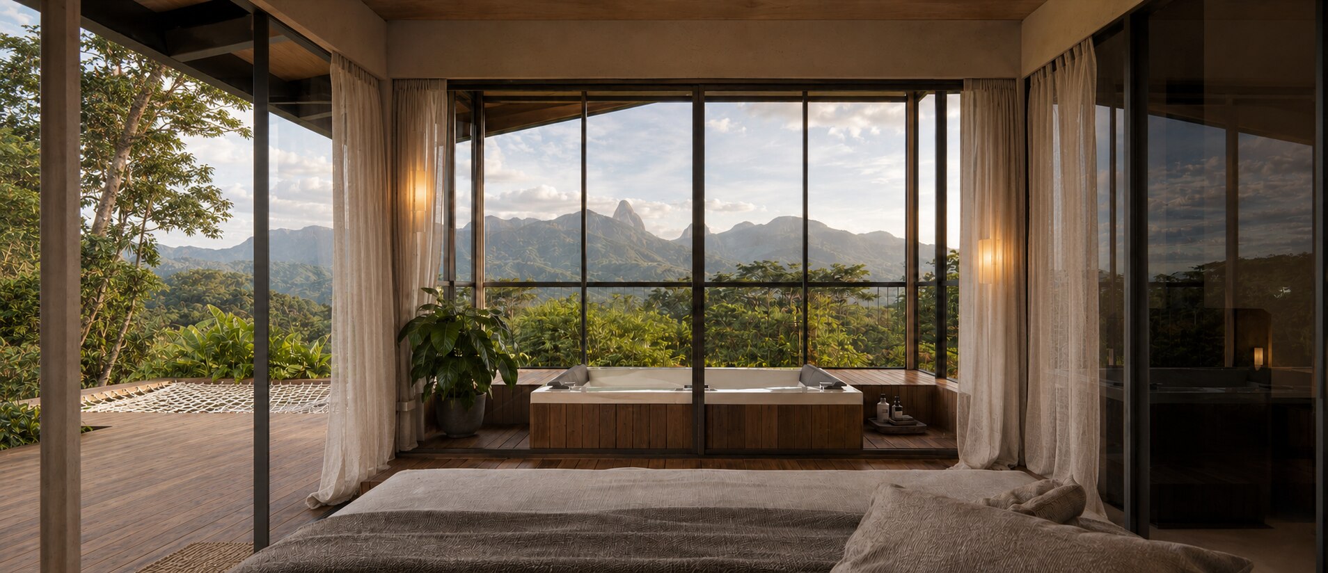 Suíte com spa, deck e vista para as montanhas da Região Serrana do Rio